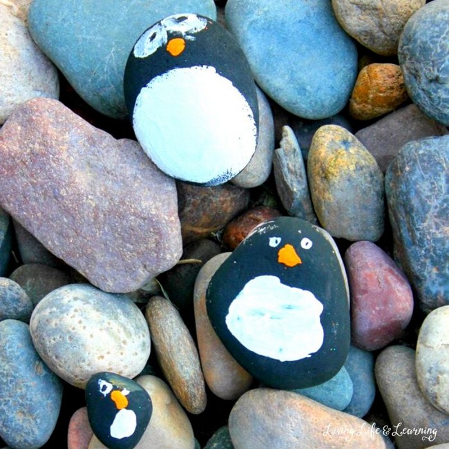 Penguin Rock Painting For Kids