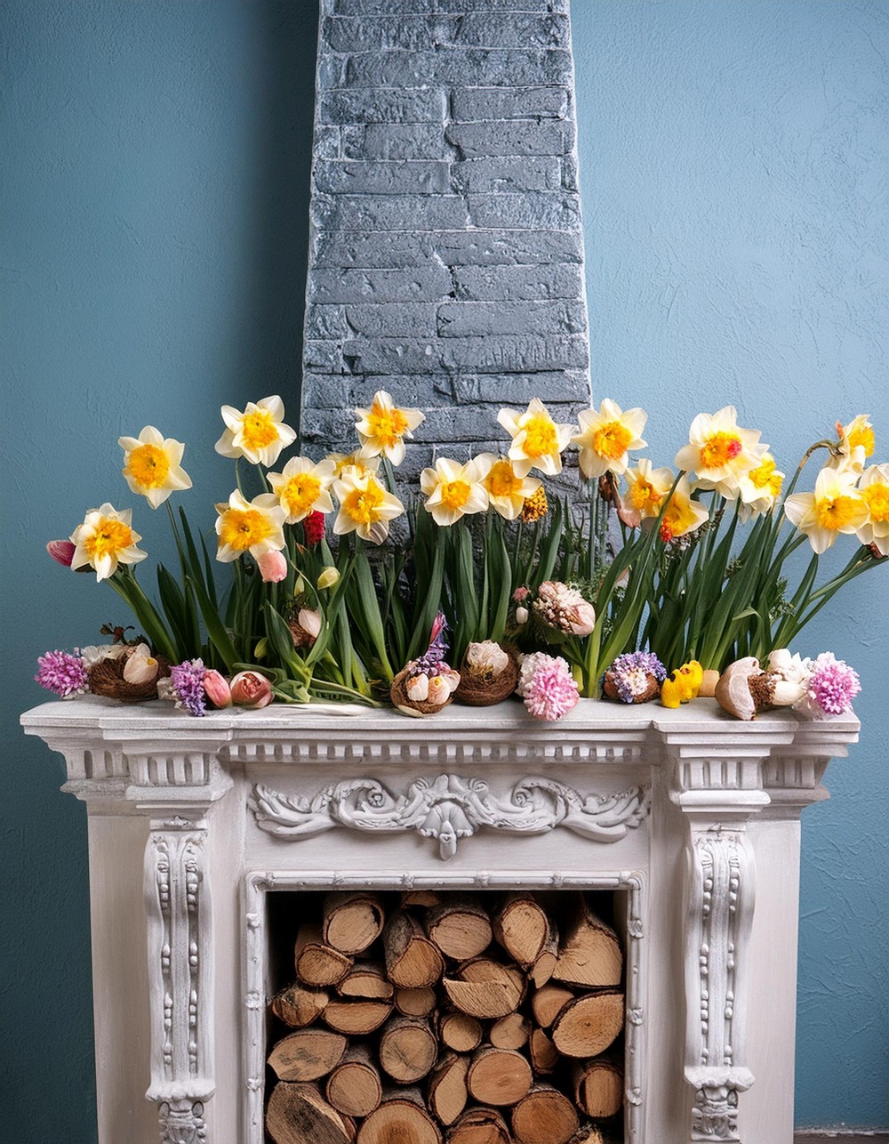 A Mantel Full of Tulips and Daffodils