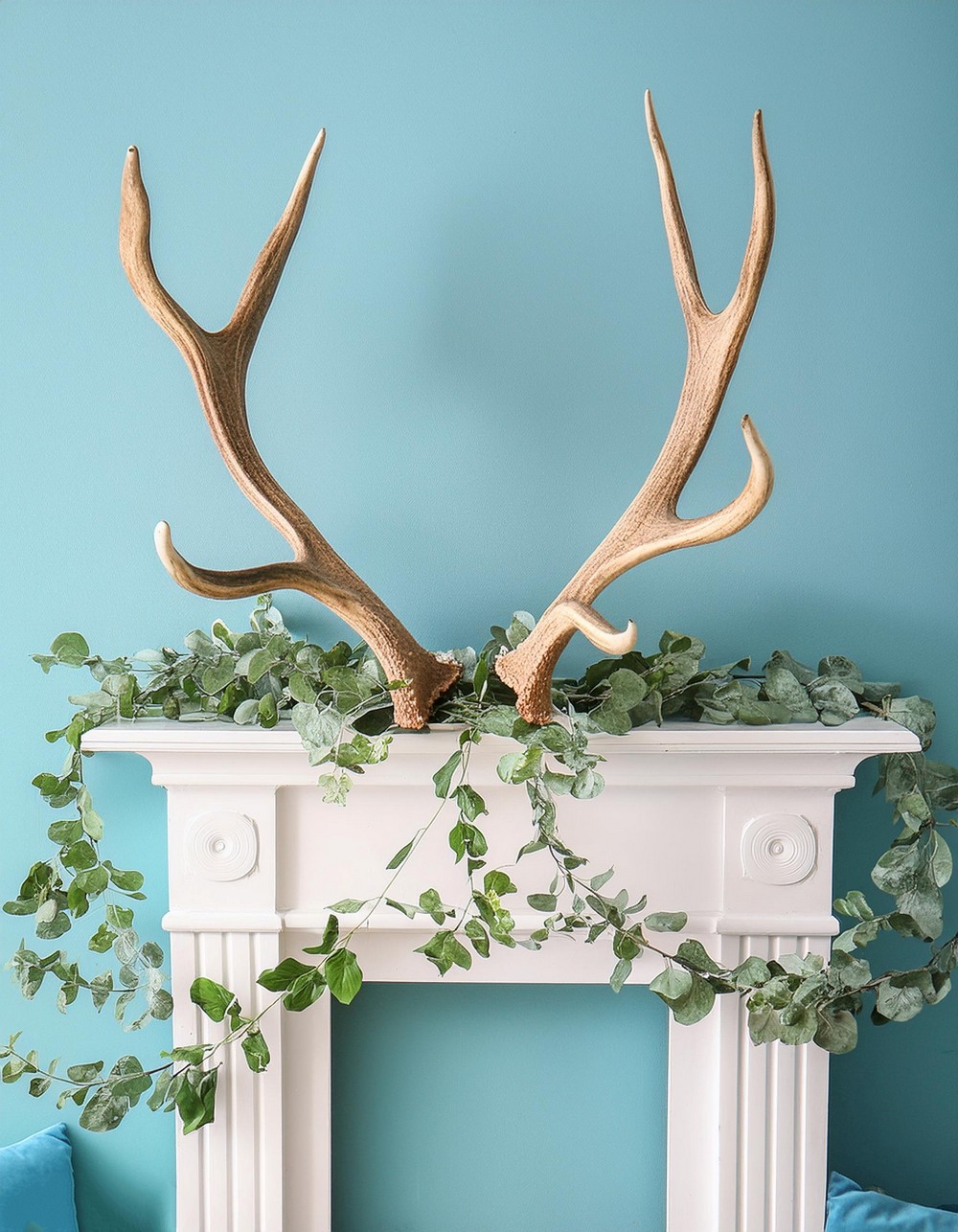 Spring Mantel Decorating with Antlers and Eucalyptus Leaves