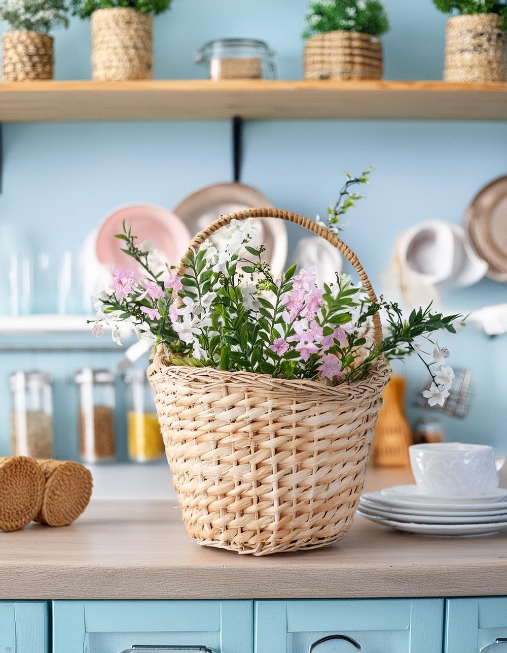 Kitchen Shelf Decor with fresh flowers in a wicker basket