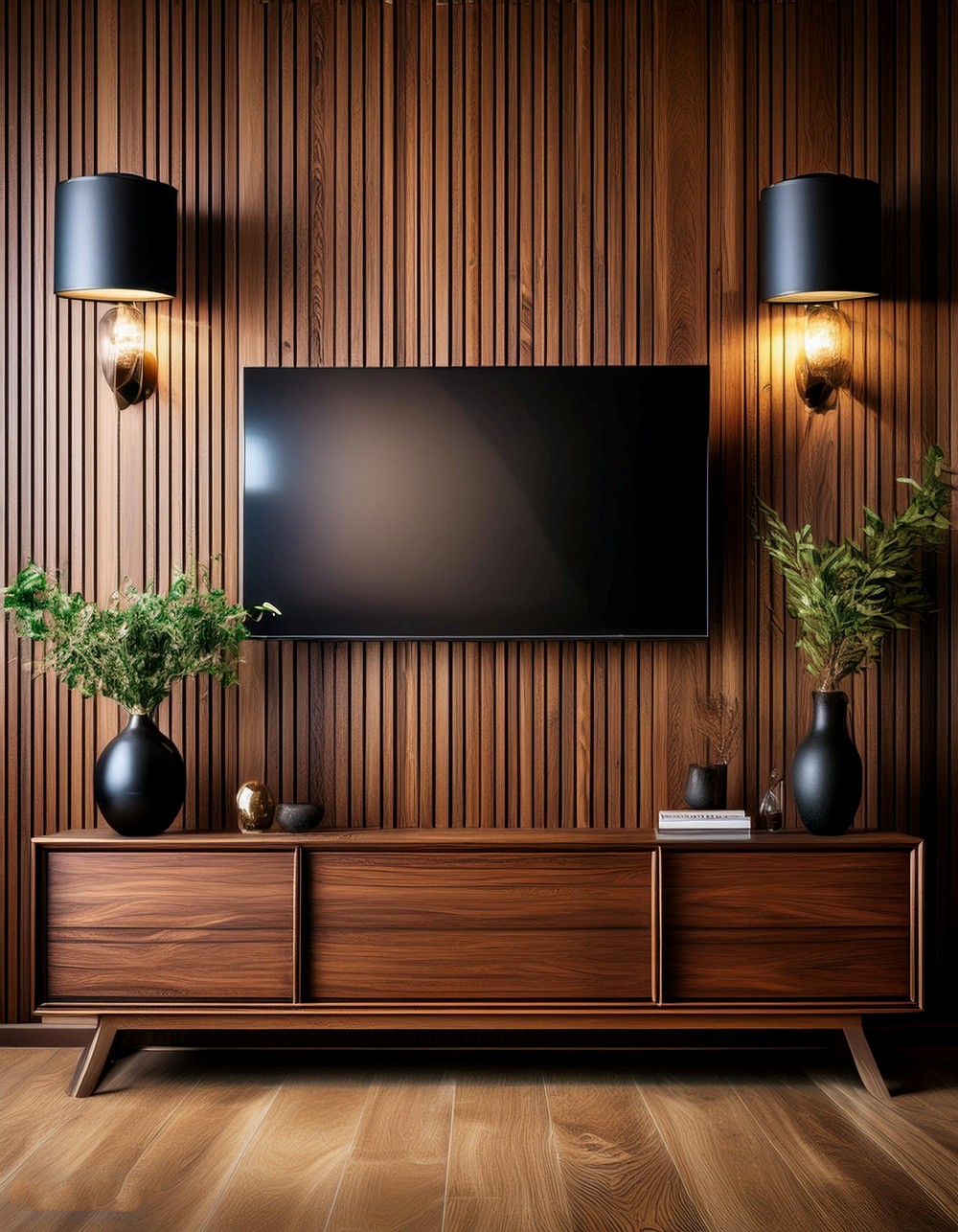 Wood Panelled TV Wall With Sconces